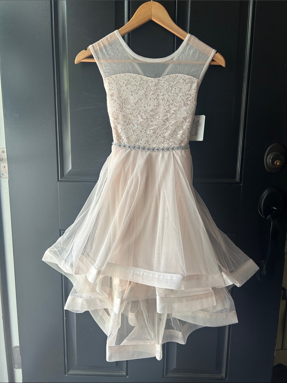 Girls Light Blush Lace & Tulle High-Low Dress with Jeweled Waist